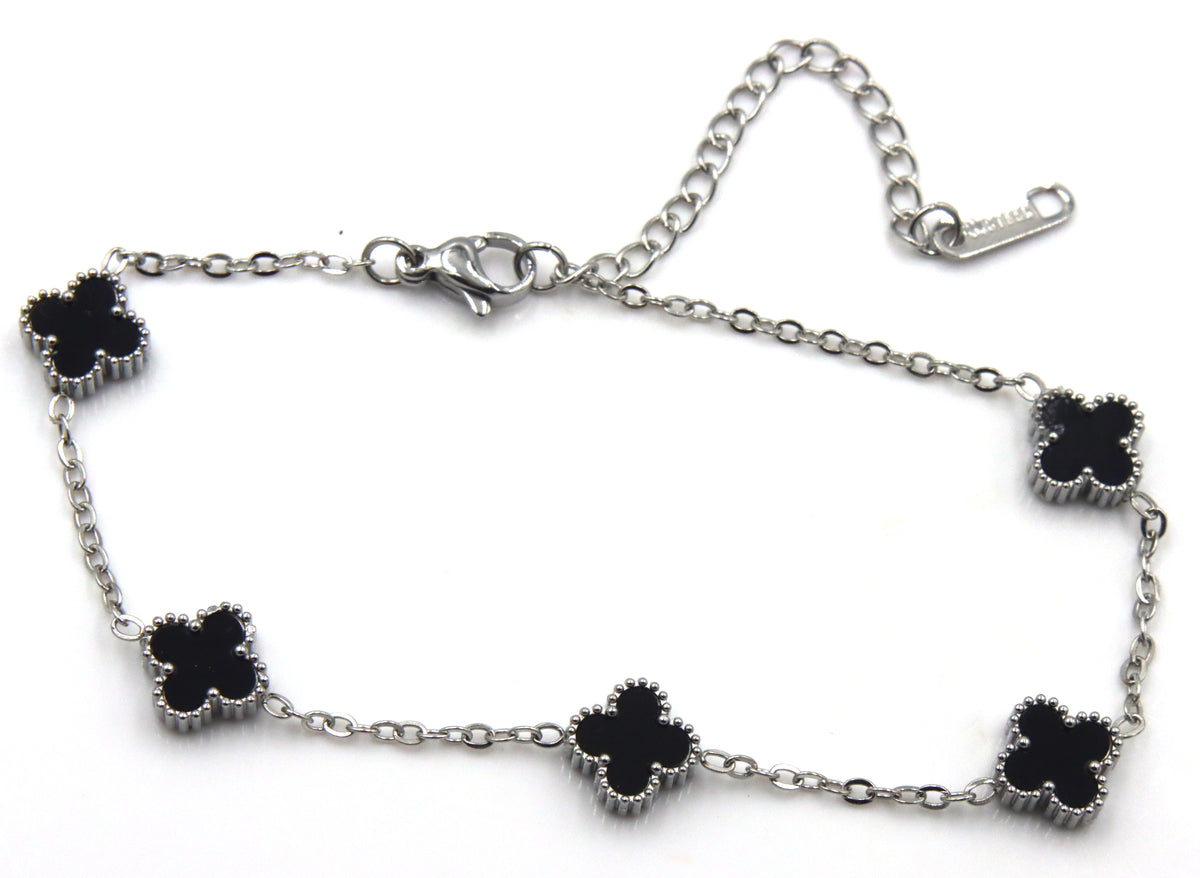 Stainless steel black clover station bracelet