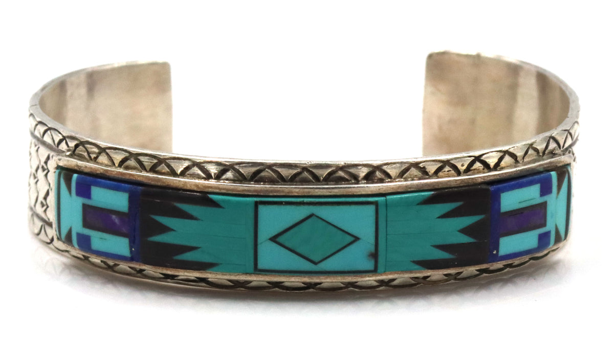 925 Sterling Silver Signed Anglo- Native Amertican Jewerly Key Johnson Geometric Inlay Of Turquoise 