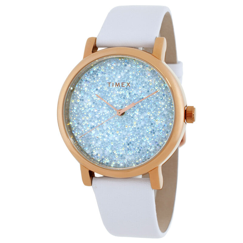 Timex Trend Womens Quartz White Leather Strap Watch Rose Gold Tone White Crystal Dial