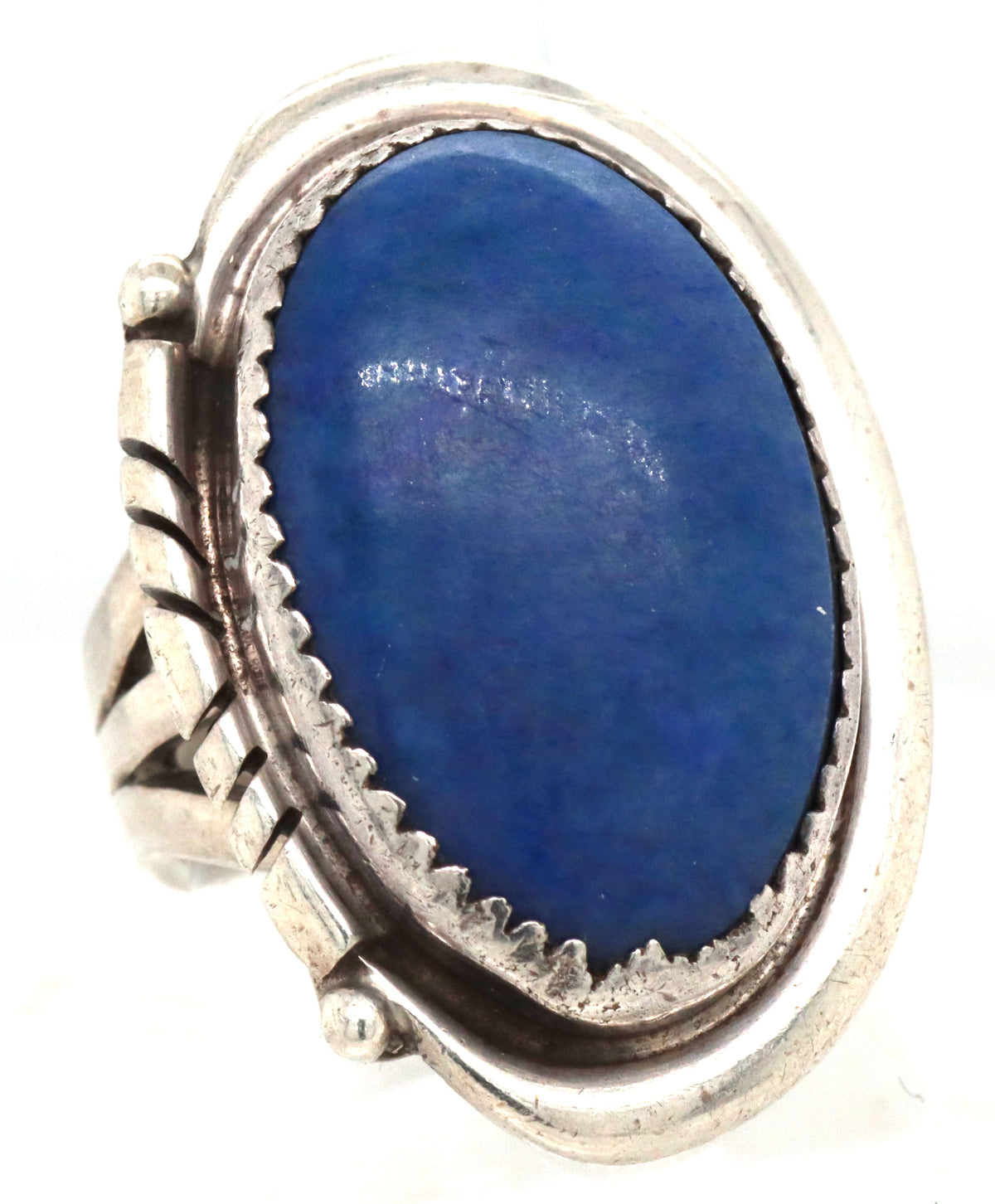 925 Sterling Silver Signed Vintage Navajo Oval Lapis With Decorative Twisted Wire Beaded Bezel Ring