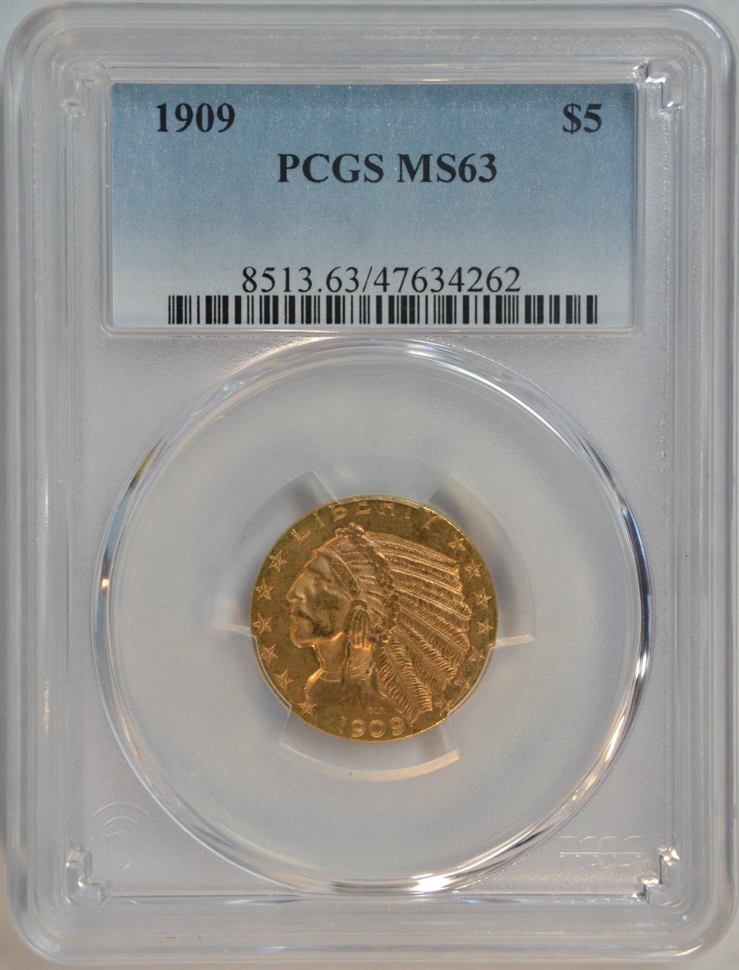 1909 $5 Indian Head Gold Half Eagle PCGS MS63 Better date Choice BU