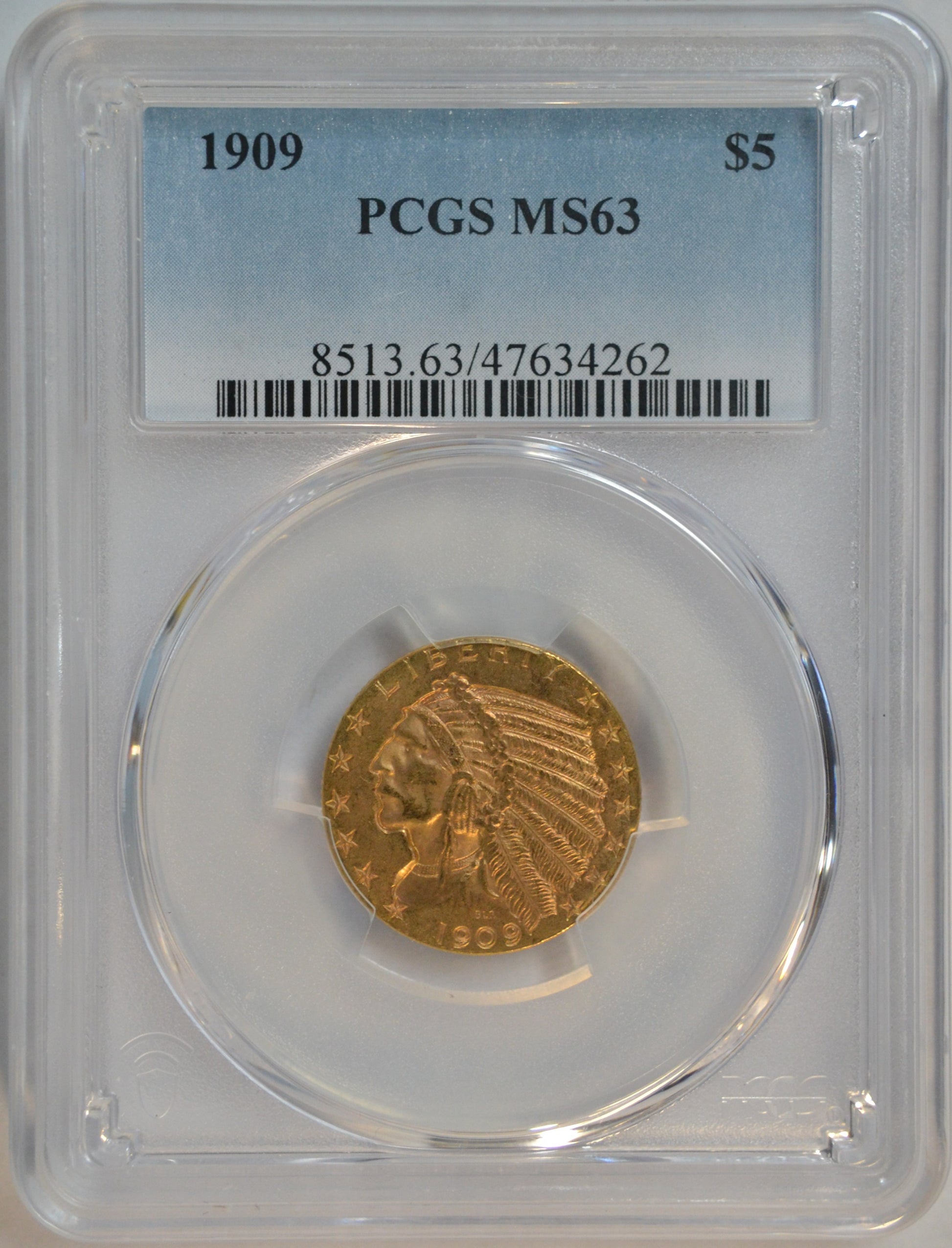 1909 $5 Indian Head Gold Half Eagle PCGS MS63 Better date Choice BU