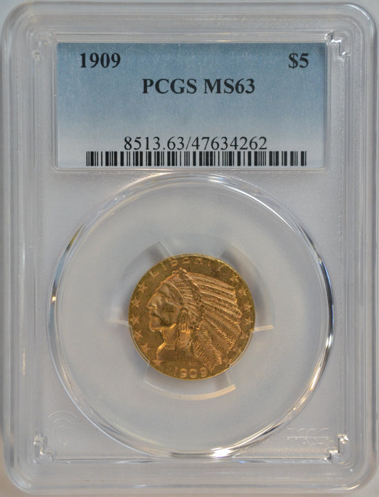 1909 $5 Indian Head Gold Half Eagle PCGS MS63 Better date Choice BU