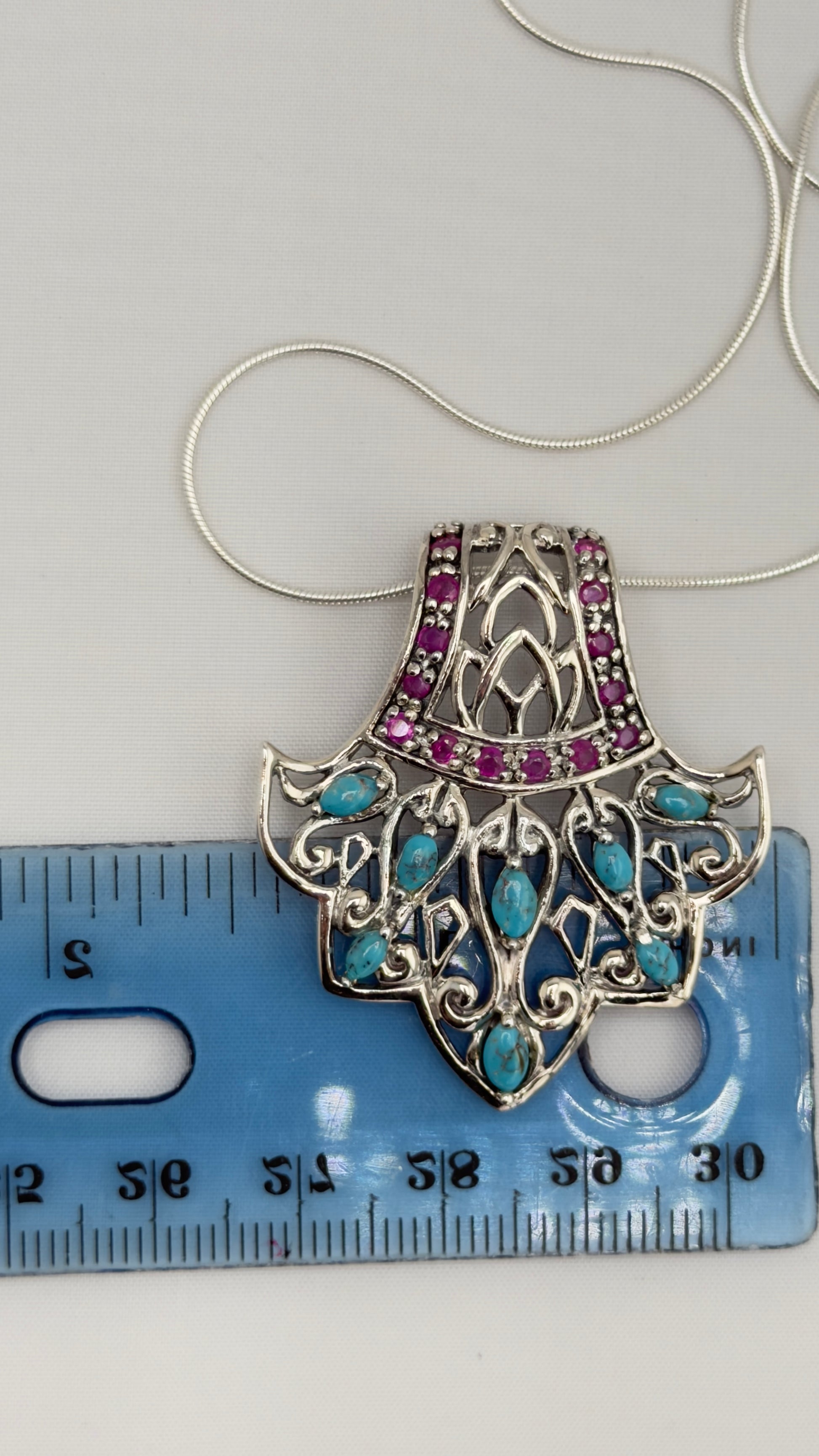 925 Sterling Silver Filigree Design Turquoise And Red Stone Details Necklace