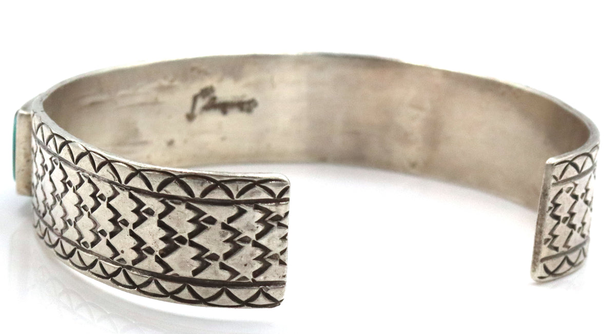 925 Sterling Silver Signed Anglo- Native Amertican Jewerly Key Johnson Geometric Inlay Of Turquoise 