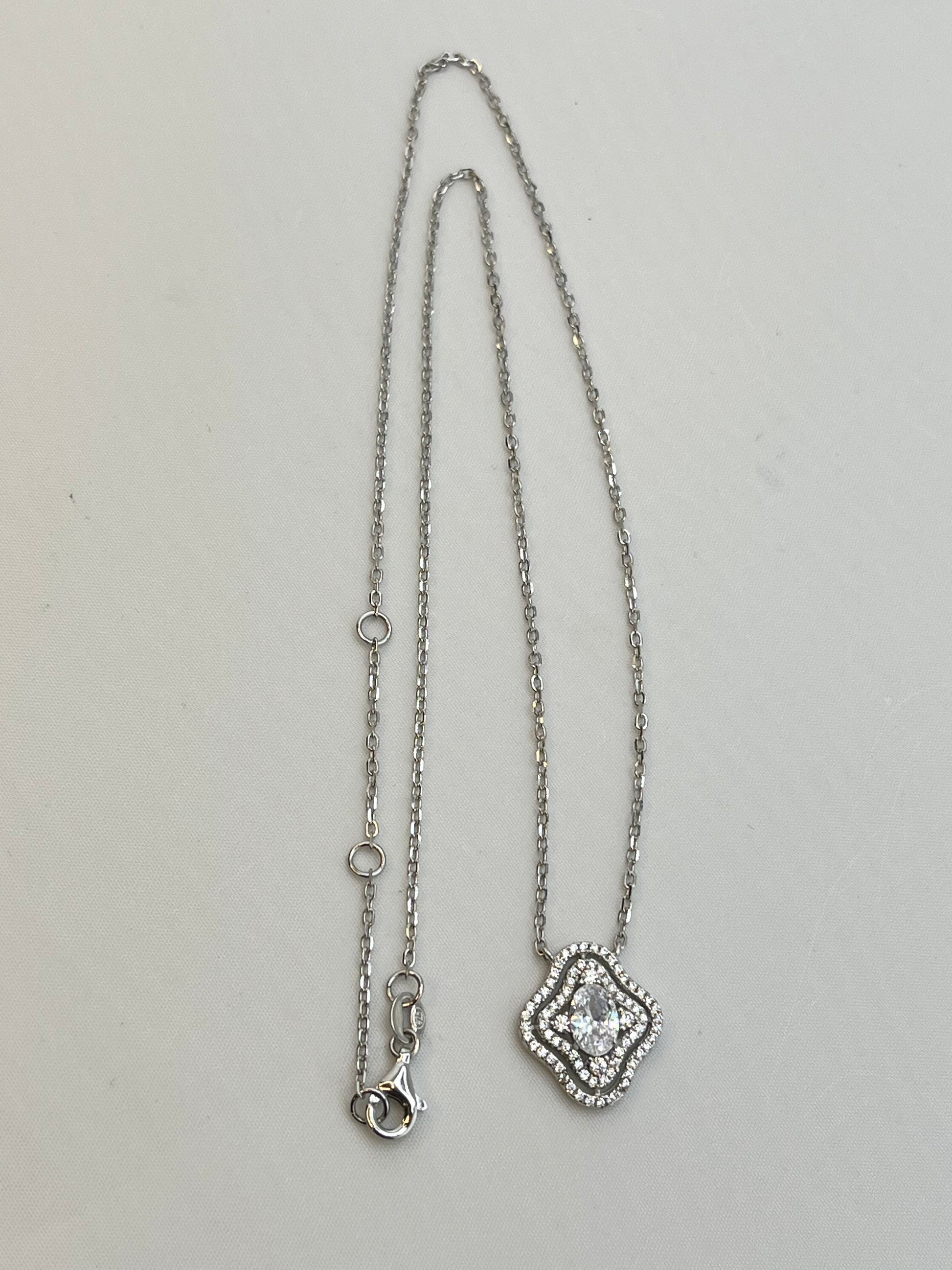 925 Sterling Silver Oval Shape Center Crystal Pendant With Doble Halo Design Necklace