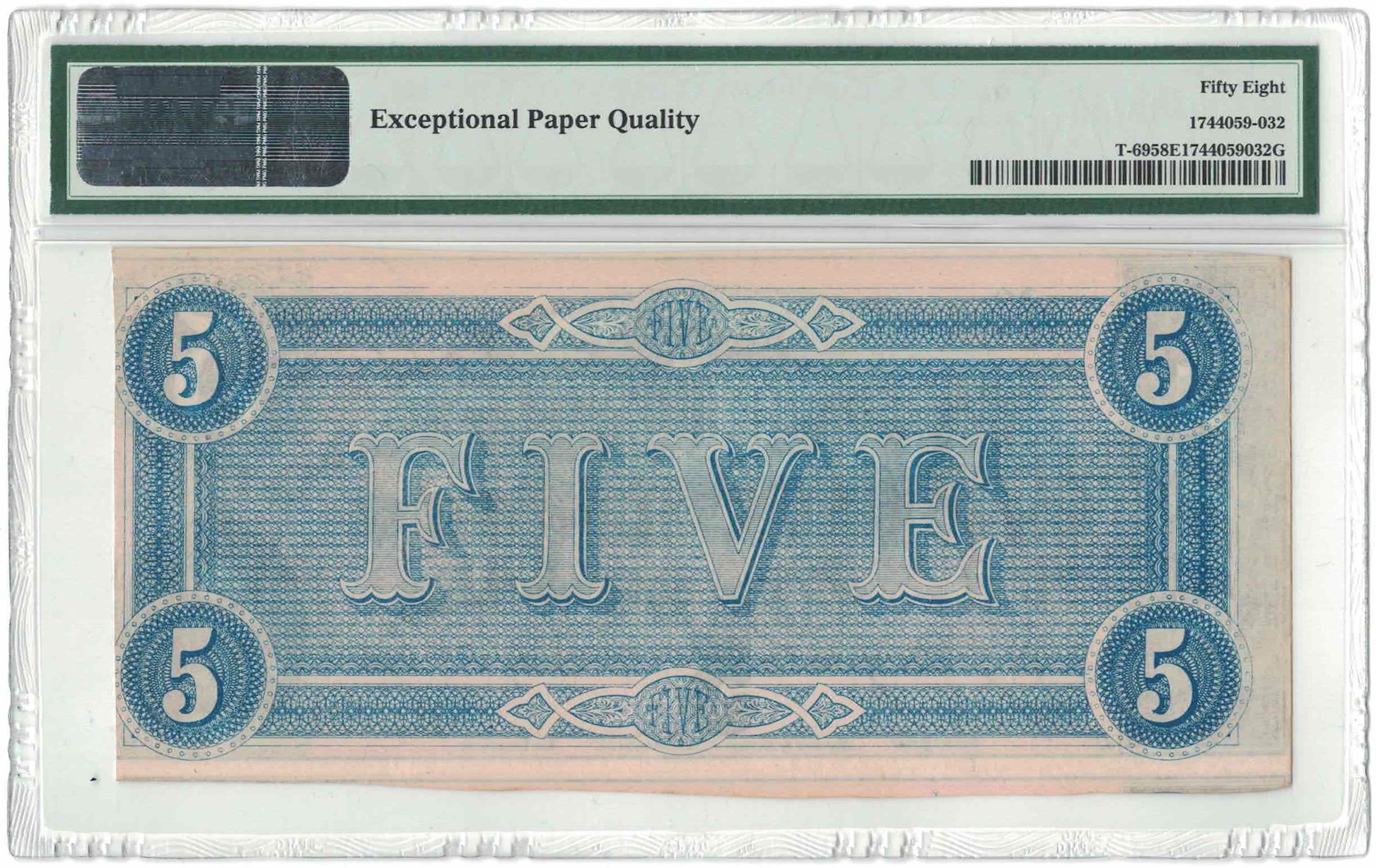 1864 $5 Confederate States of America T-69 Fr# CSA-? PMG 58 Choice AU – S/N 96994 – Civil War Note
