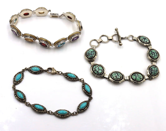 925 Vintage Sterling Silver Turquoise and multi Stone Bracelet Lot