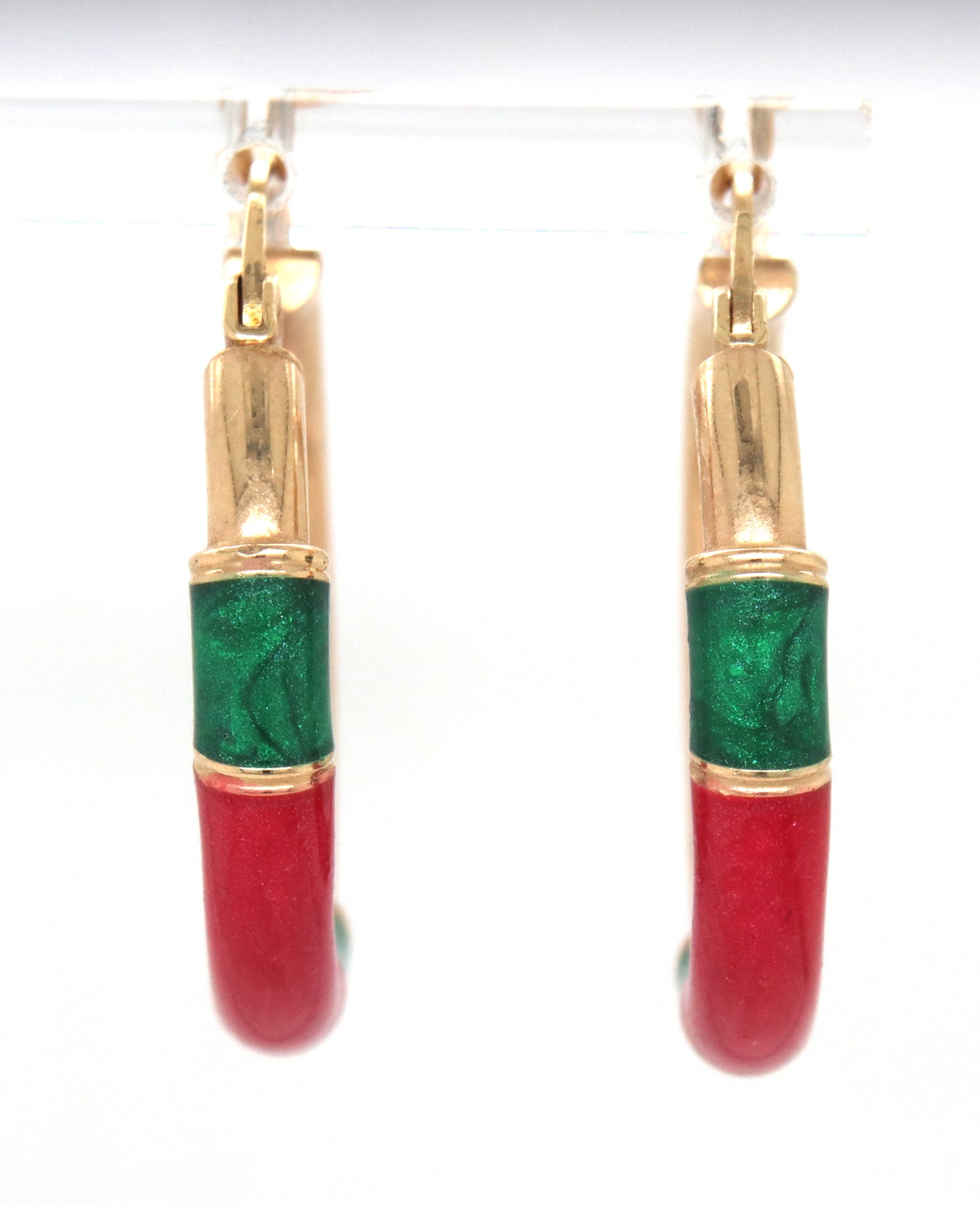 14kt Yellow gold red and green Enamel hoop earrings