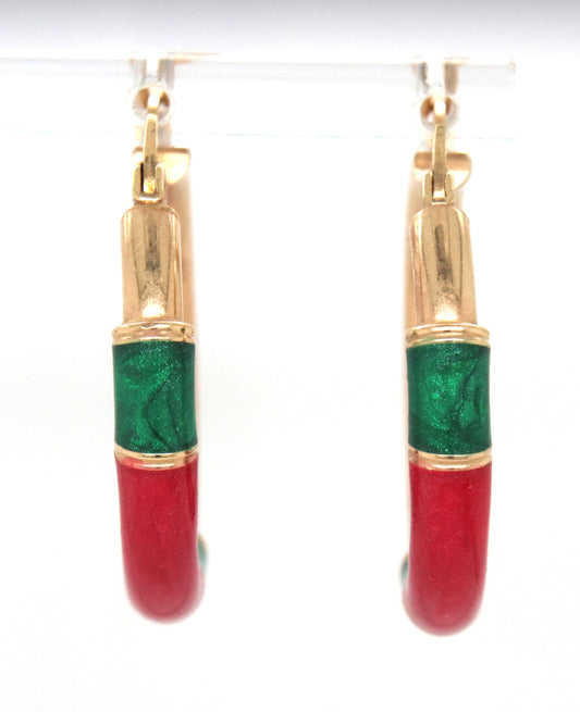 14kt Yellow gold red and green Enamel hoop earrings