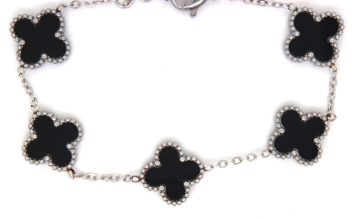 Stainless steel black onyx clover link bracelet