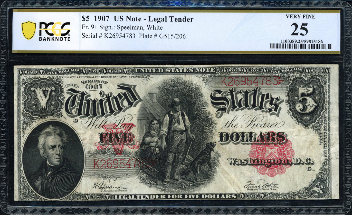 1907 $5 Legal Tender Note – Fr. 91 Speelman / White – PCGS Banknote Very Fine 25