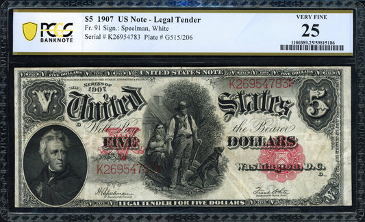 1907 $5 Legal Tender Note – Fr. 91 Speelman / White – PCGS Banknote Very Fine 25