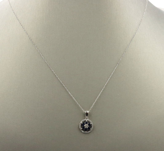 10kt White gold sapphire and diamond halo flower pendant on chain
