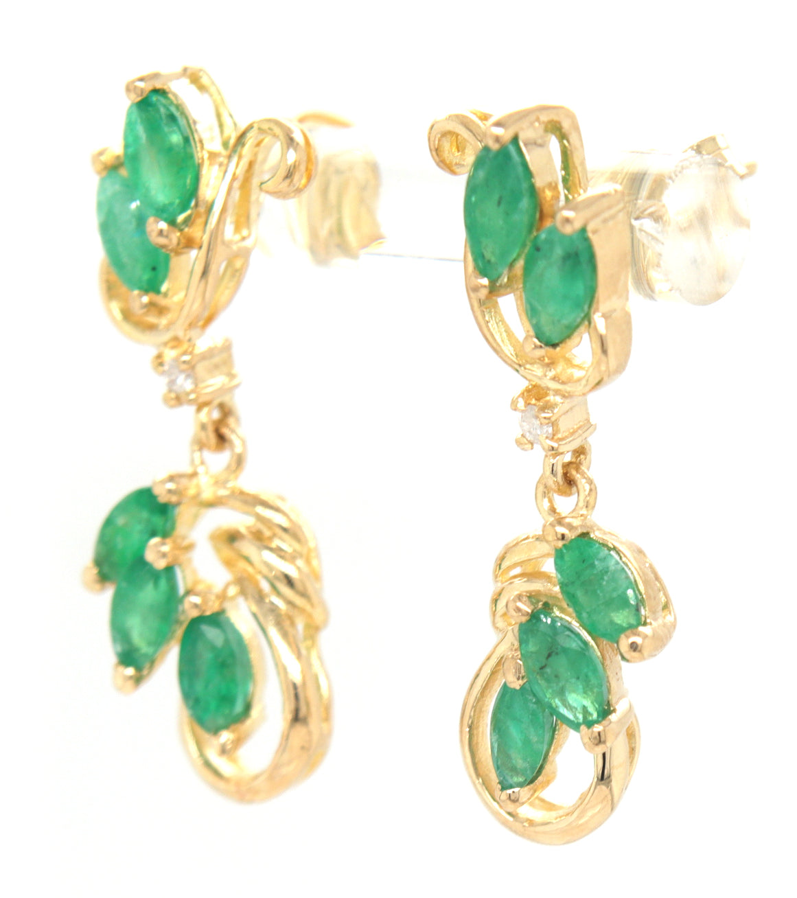 14kt Yellow gold Marquise emerald and diamond dangle earrings