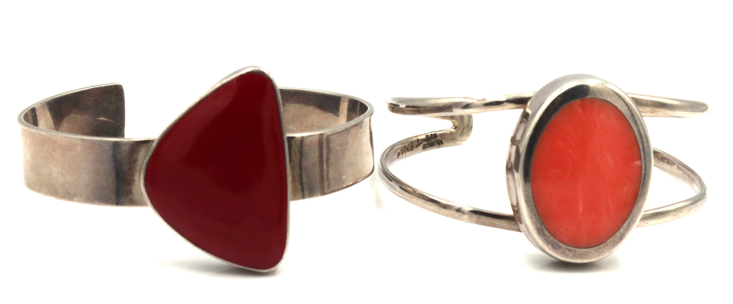 Lot of 2 Vintage 925 sterling silver Coral cuff bangles