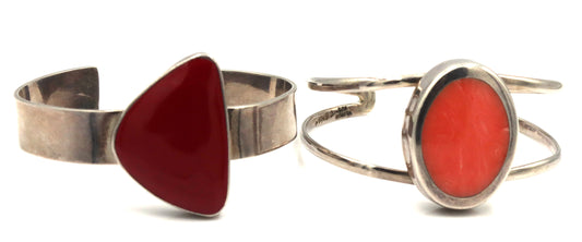 Lot of 2 Vintage 925 sterling silver Coral cuff bangles