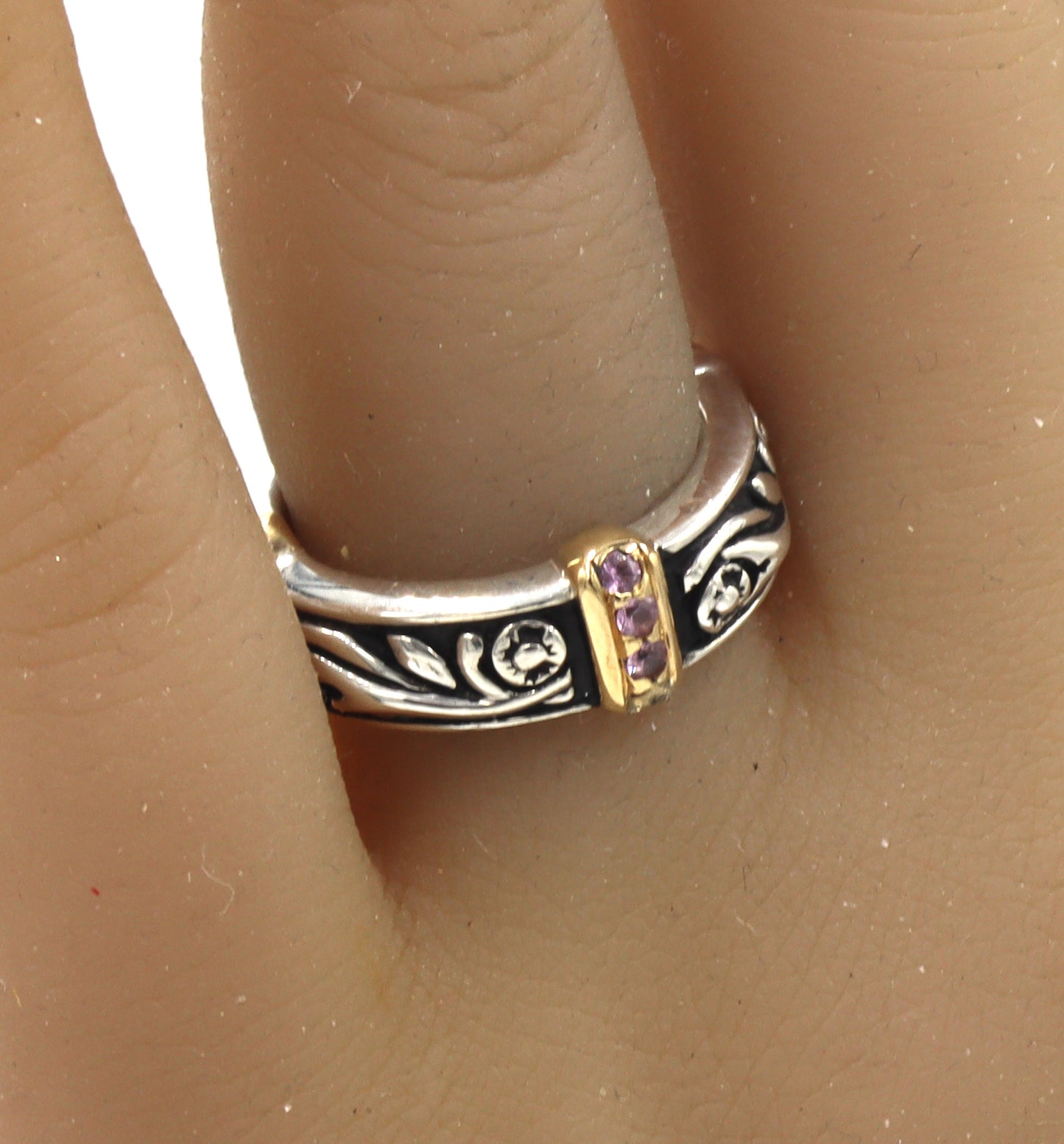925 Sterling silver two tone band with pave pink sapphires