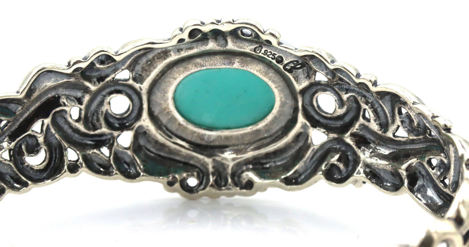 925 Sterling Silver Ornate Beatiful Filigree With Large Oval Turquoise Center Cuff Bracelet