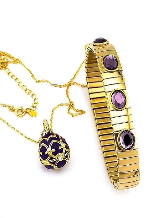 Exquisite Egg-Shaped Necklace and Bracelet Set – Amethyst Accents, 18K Gold Vermeil