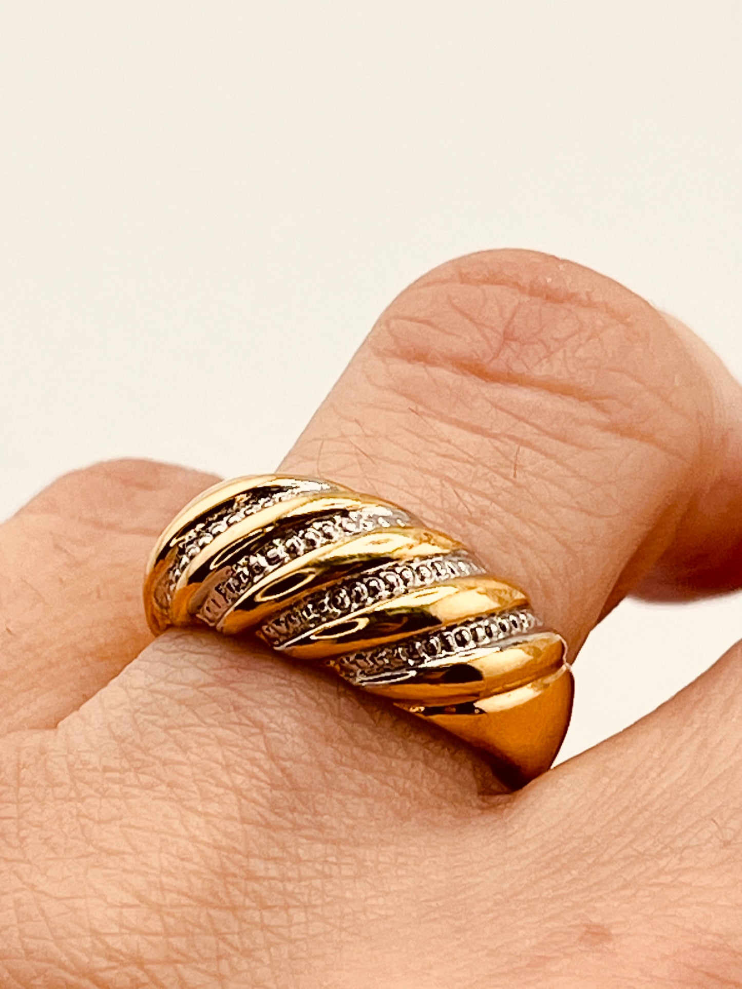 14KT Yellow Gold Two Tone Dome Twisted Braided Design With Rows Of Diamond Accent Ring