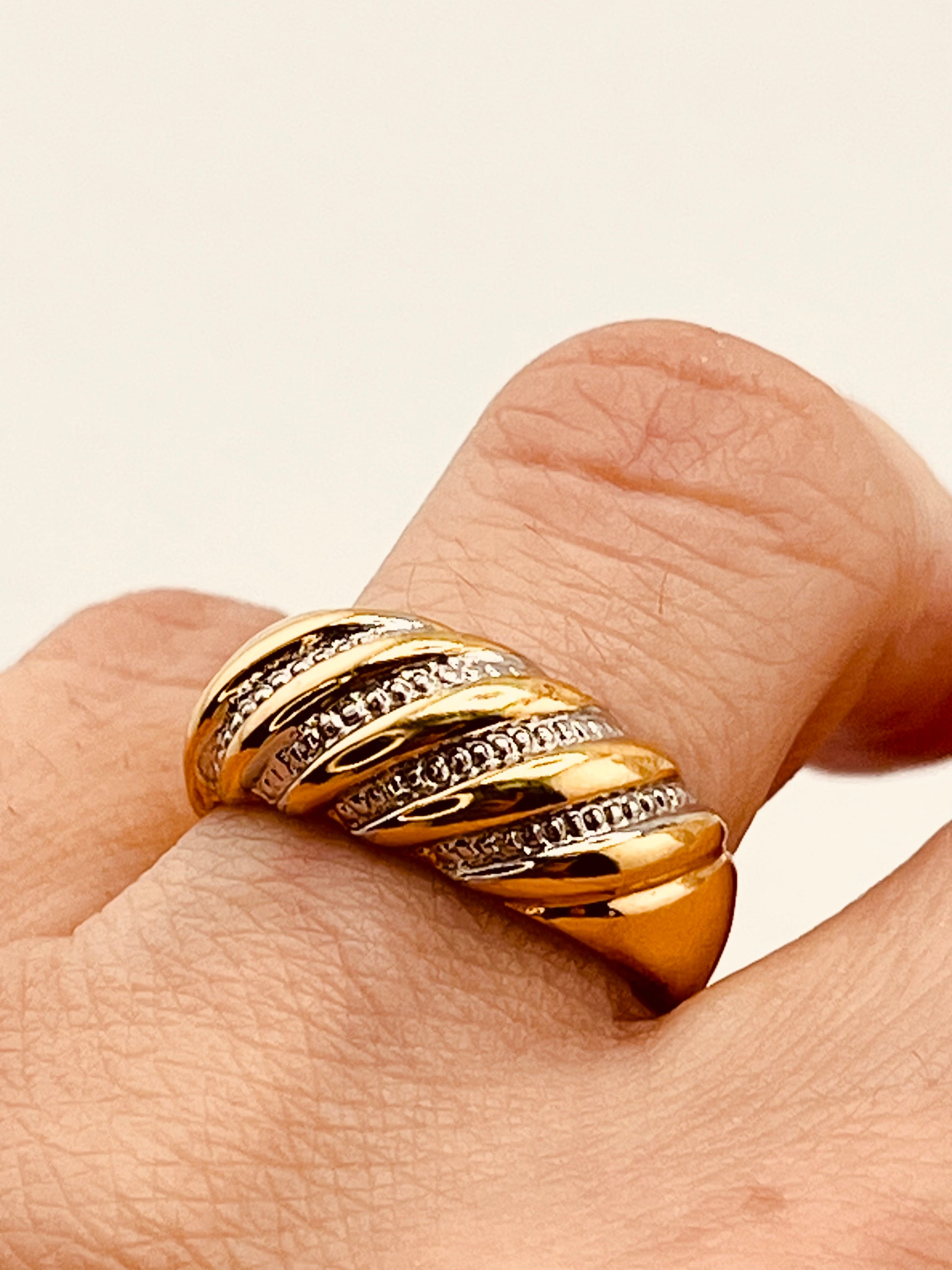 14KT Yellow Gold Two Tone Dome Twisted Braided Design With Rows Of Diamond Accent Ring
