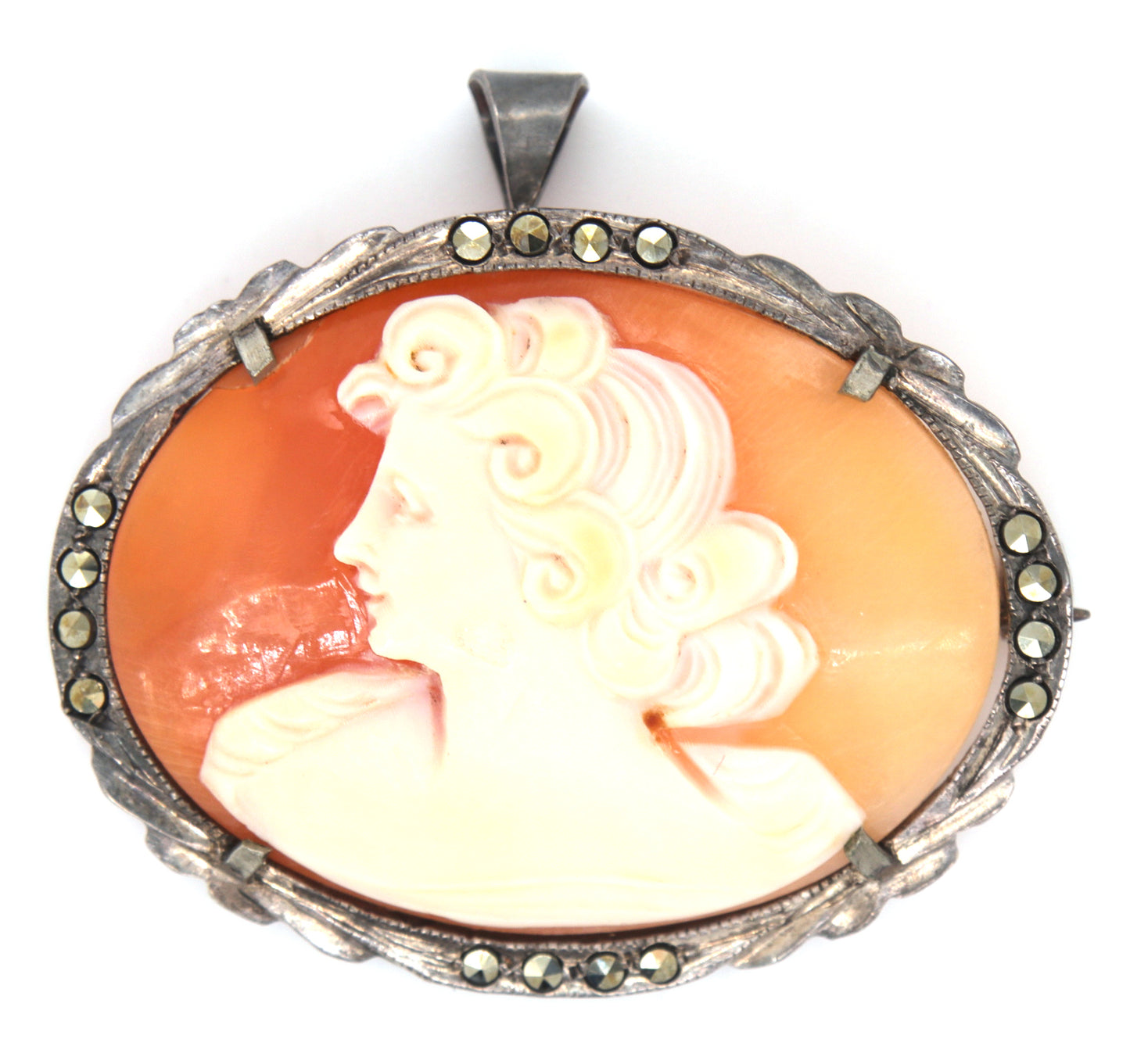 925 Sterling silver Carved shell Cameo pendant brooch with Marcasite