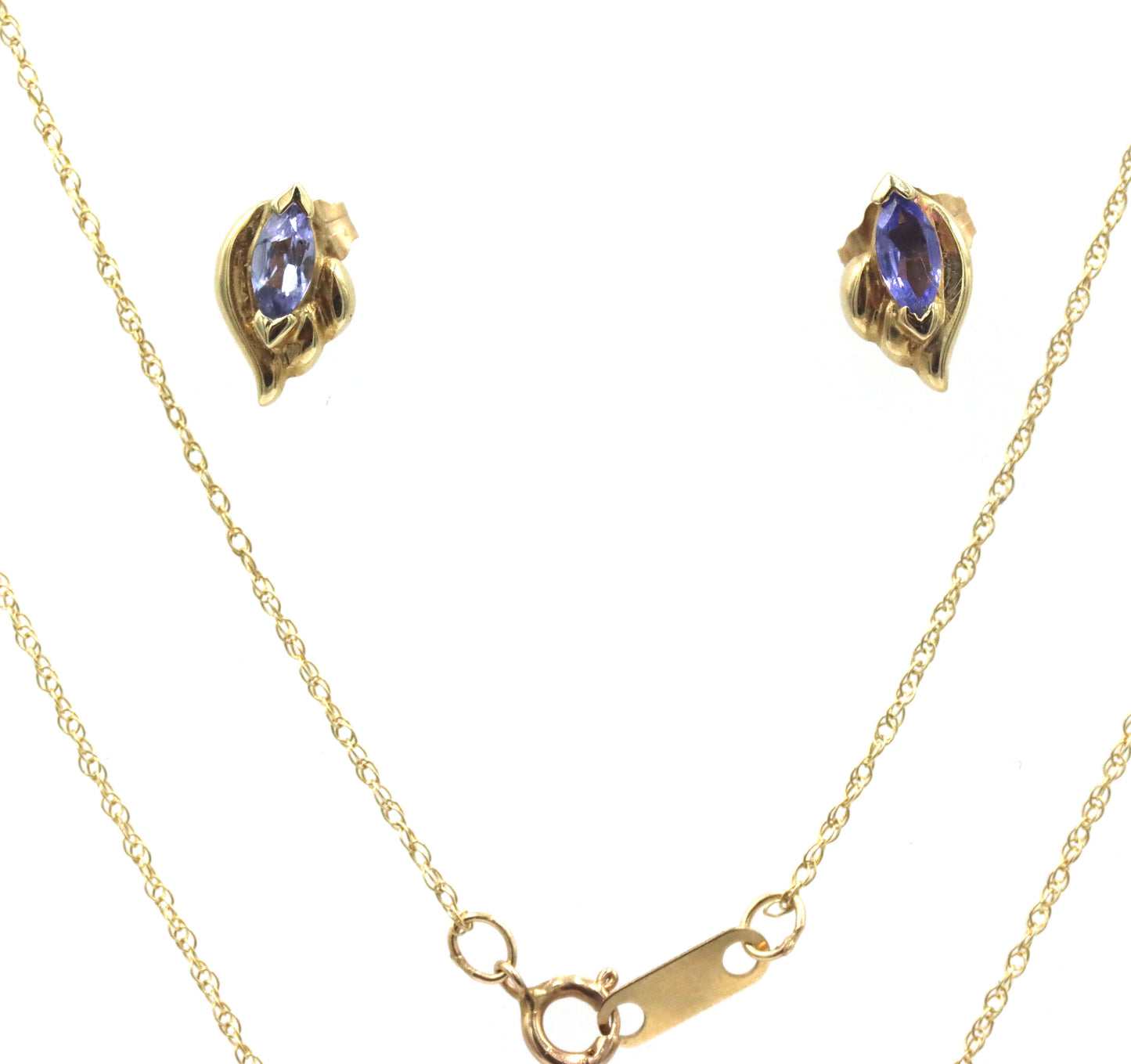 10kt Yellow gold Tanzanite pendant on chain necklace with matching earrings