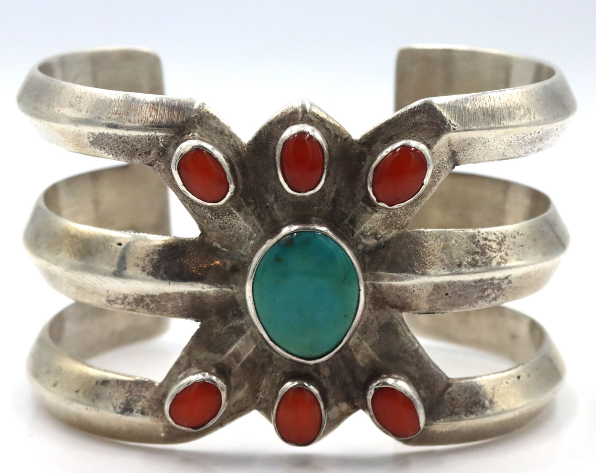 925 Sterling Silver Vintage Coral Turquoise Cuff Bracelet