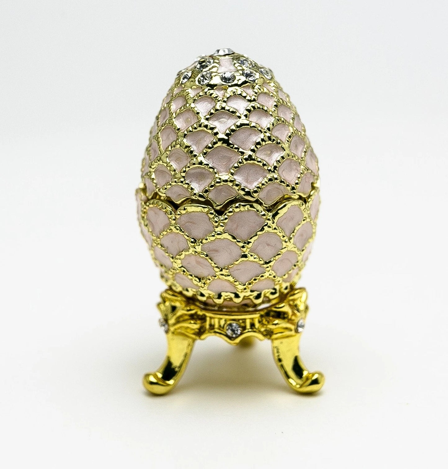 Hand-Painted Golden Pink Enamel Egg Trinket Box with Crystal Accents
