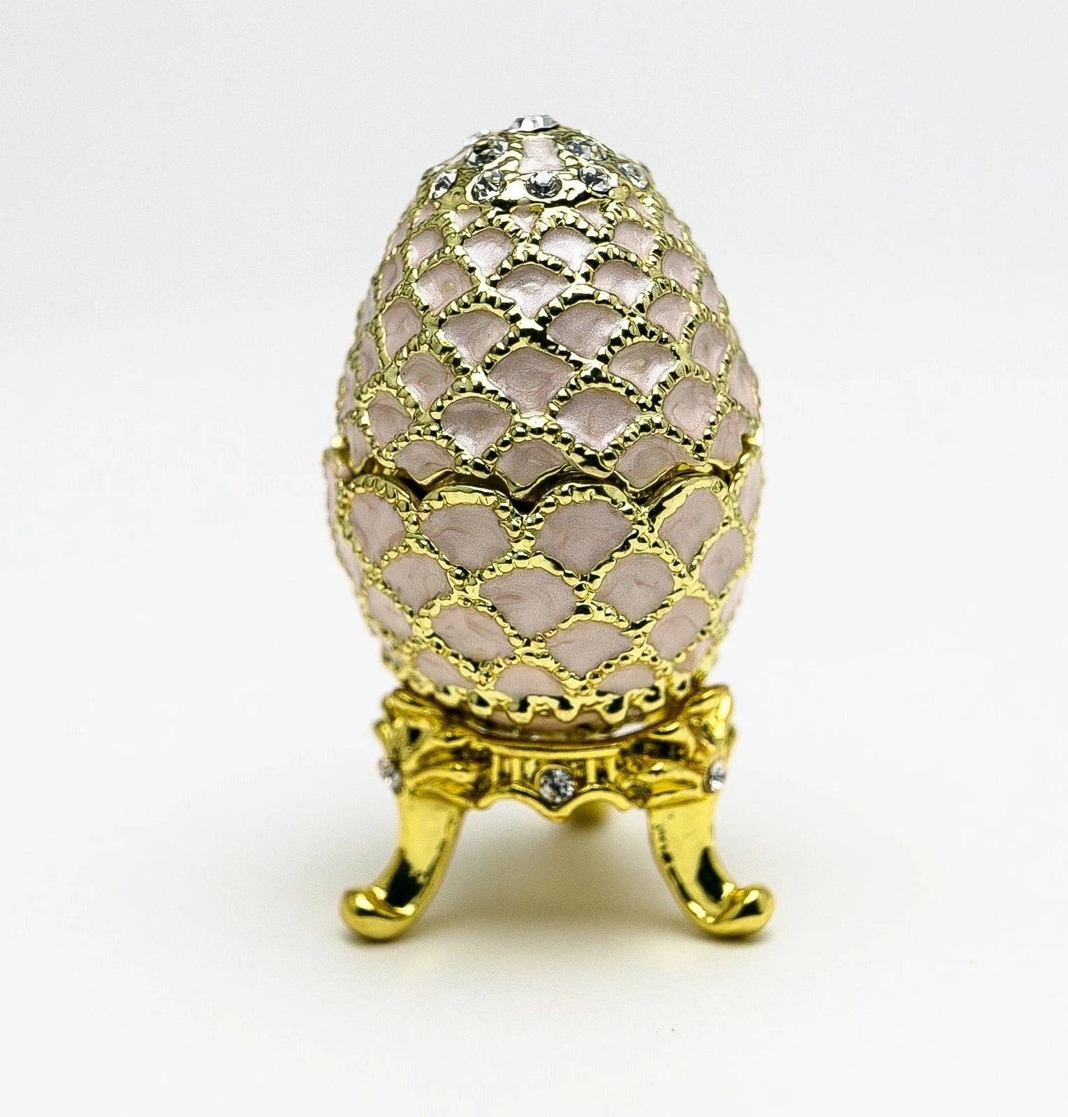 Hand-Painted Golden Pink Enamel Egg Trinket Box with Crystal Accents