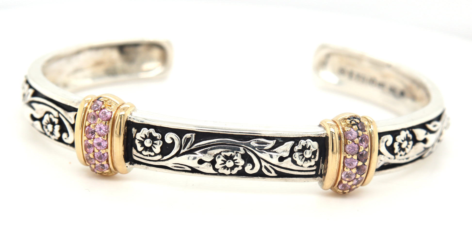 925 Sterling silver two tone cuff bangle with pave pink sapphire