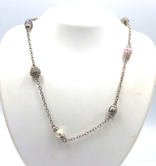 Judith Ripka Pink, Blue and White Pearls and Cubic Zirconia Station necklace