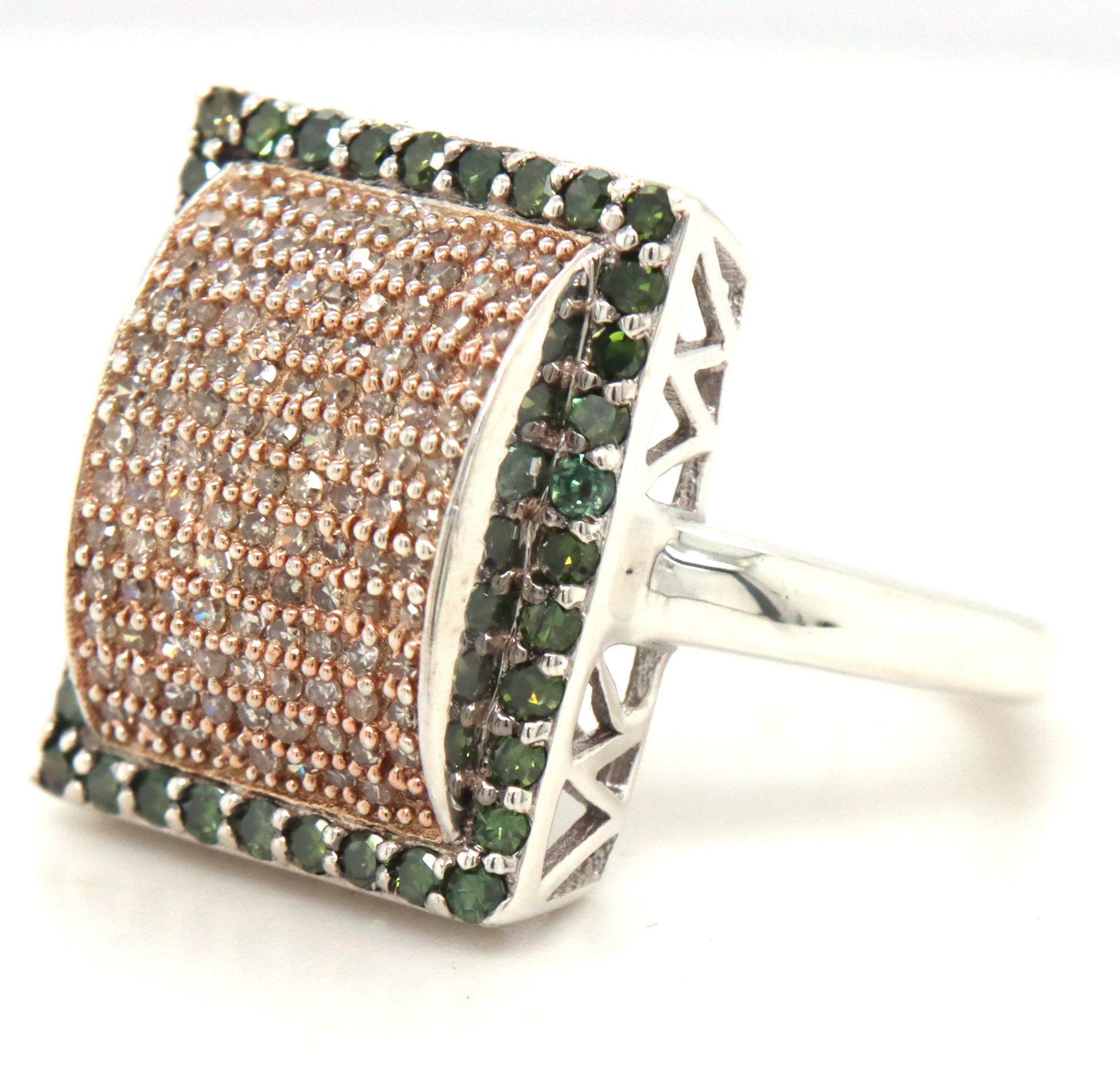 925 Sterling silver Fancy IR green and white diamond ring