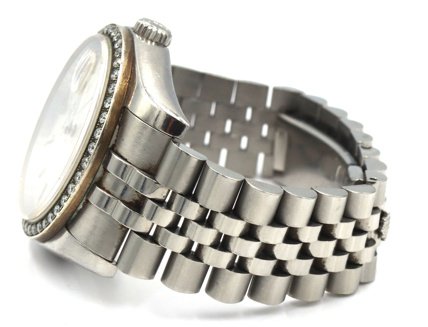 Rolex Oyster Perpetual date just stainless steel watch with after market diamond bezel