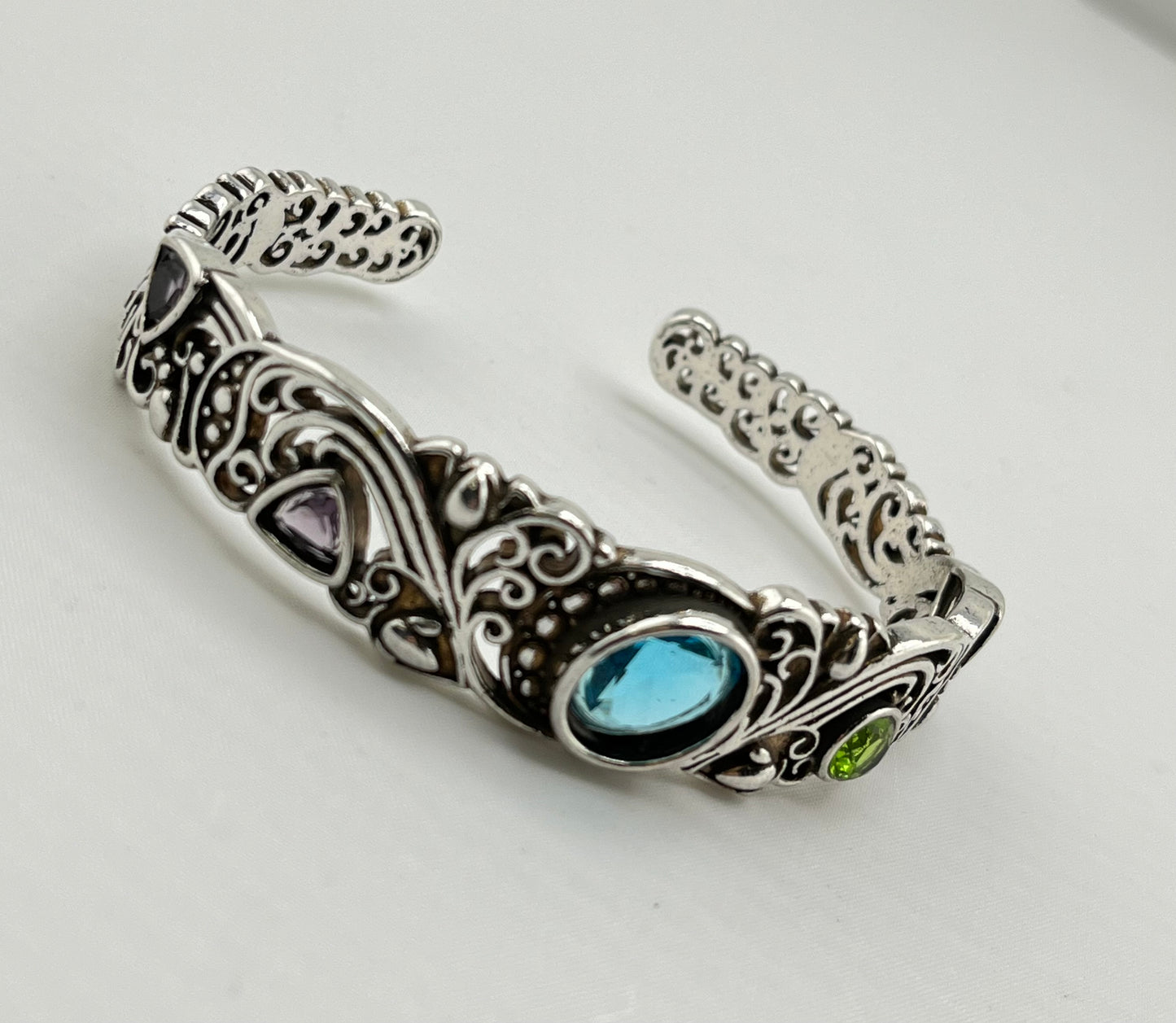 925 Sterling Silver Filigree Design Multi Volor Gemstone Cuff Bracelet