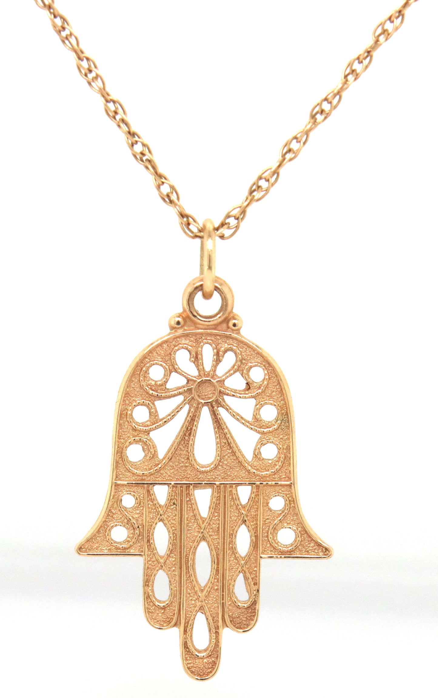 14kt Yellow gold Hamsa pendant on rope chain necklace