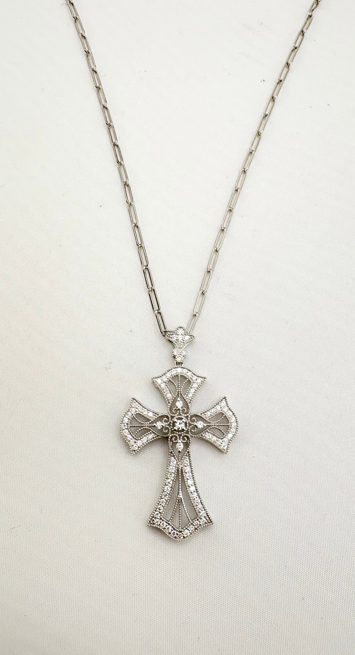 14KT White Gold Ornate Gothic Natural Diamond Pave Cross With Beautifil Paper Clip Chain Necklace
