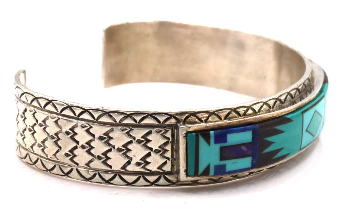 925 Sterling Silver Signed Anglo- Native Amertican Jewerly Key Johnson Geometric Inlay Of Turquoise 