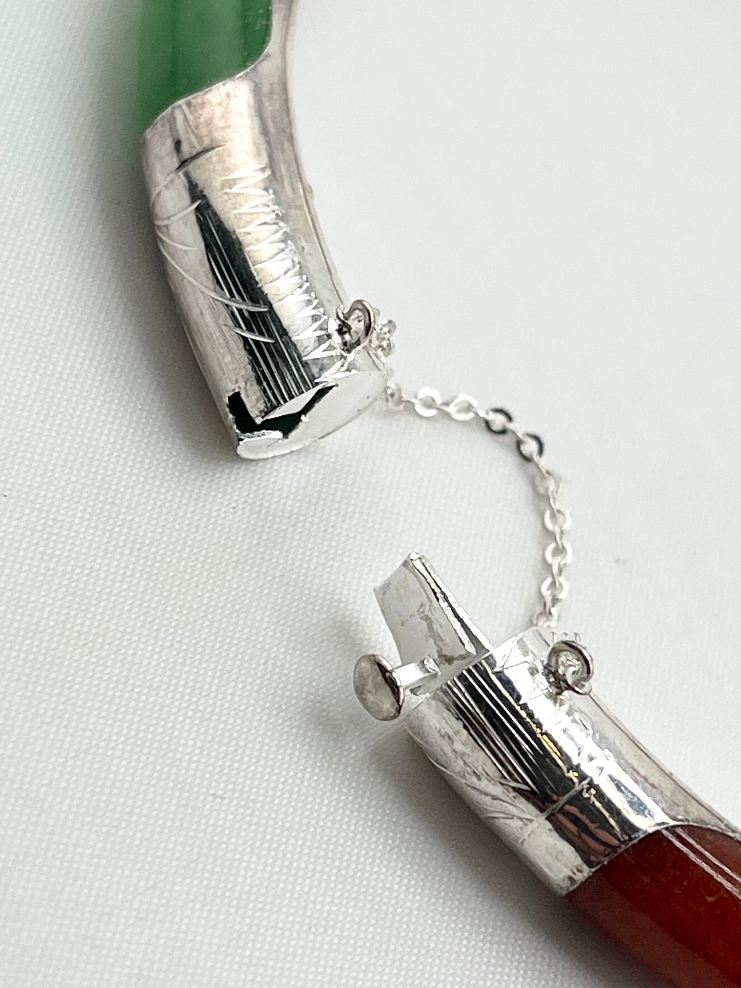 925 Sterling Silver Kwan Collection Hinged Bangle With Multi Color Jade Detail
