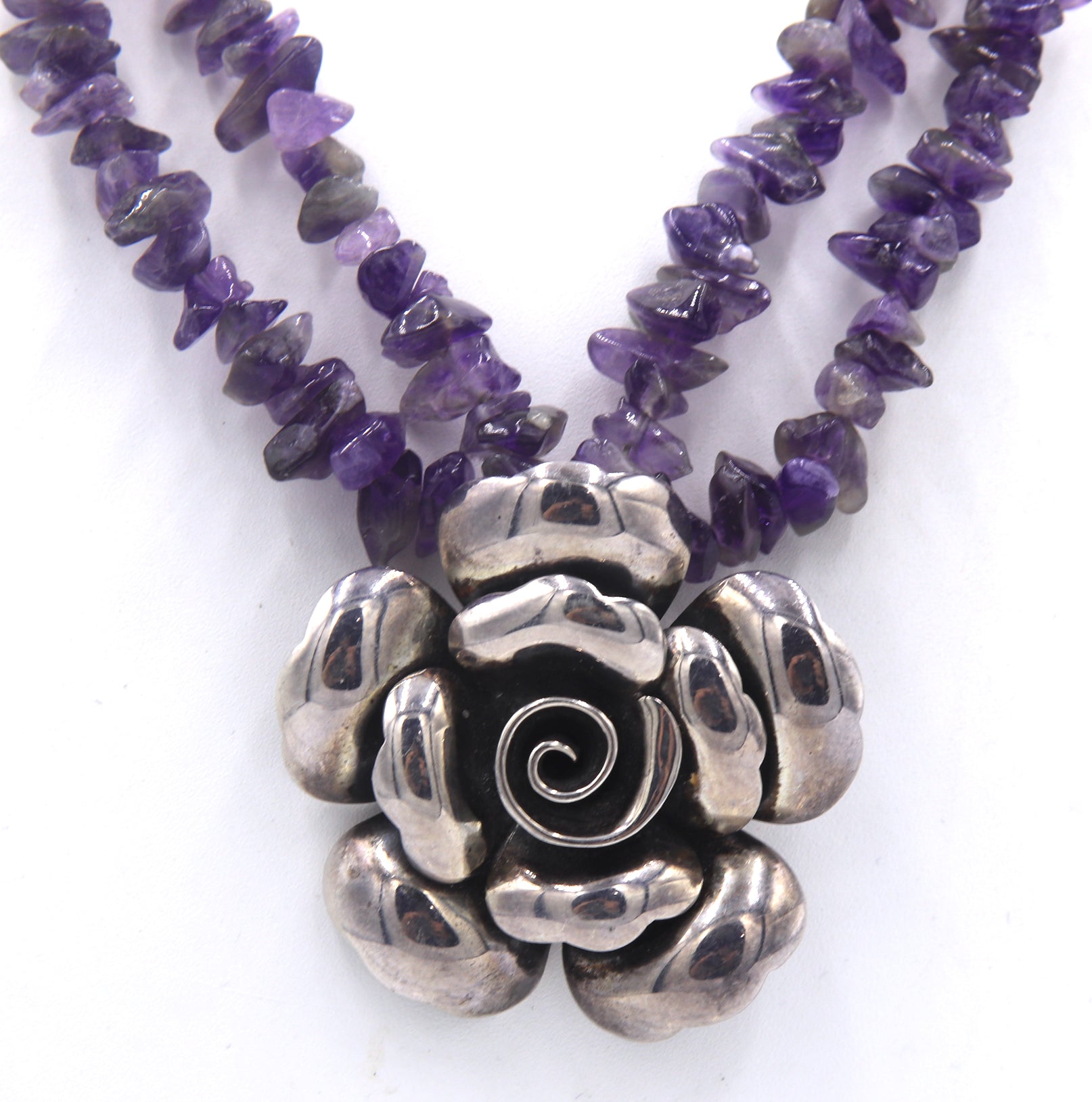 Vintage 925 sterling silver signed Flower pendant on Amethyst beaded necklace