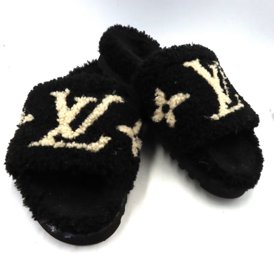 Louis Vuitton black white shearling Paseo flat Comfort mules
