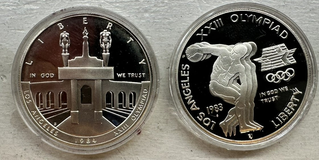 1983–1984 Olympic Commemorative Silver Dollar Proof Set 2 Coins w/ Original Box