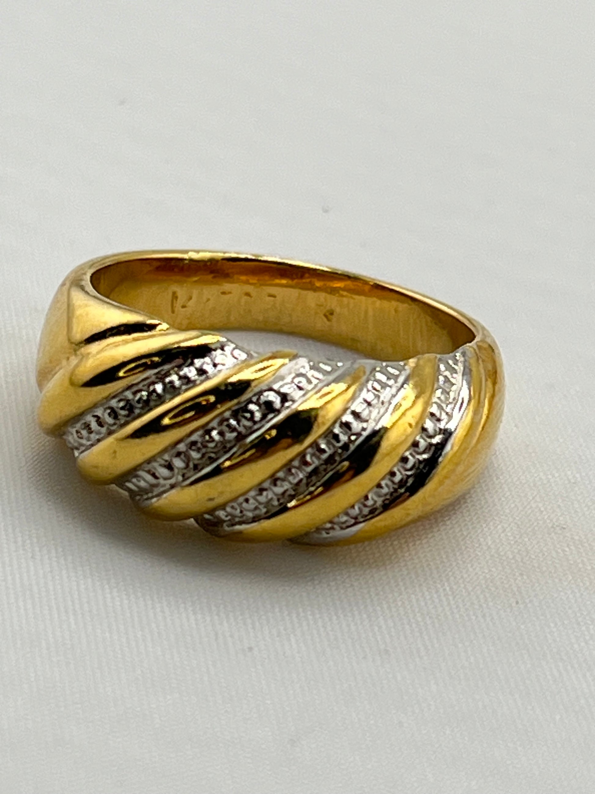 14KT Yellow Gold Two Tone Dome Twisted Braided Design With Rows Of Diamond Accent Ring