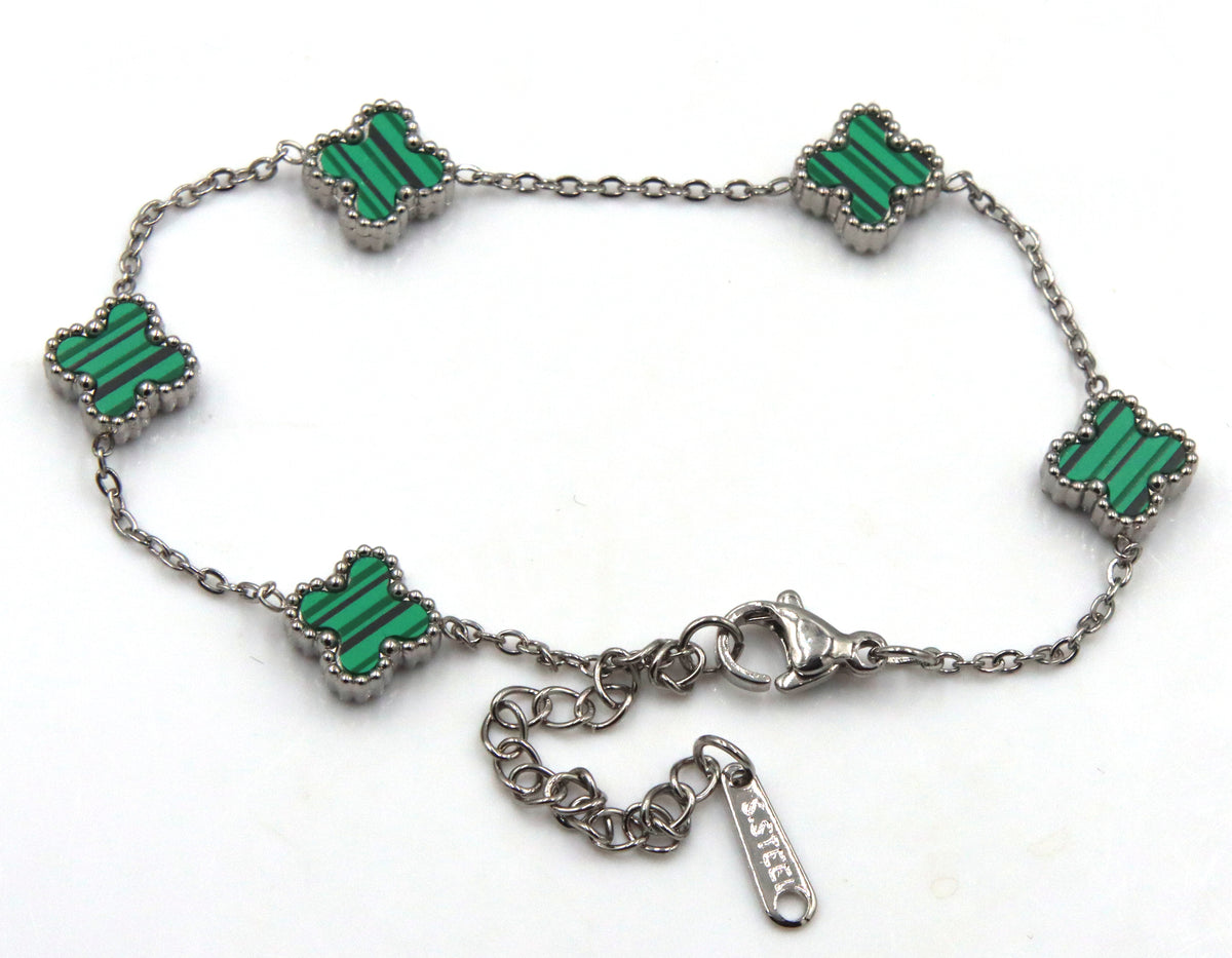 Stainless steel green stone clover station bracelet