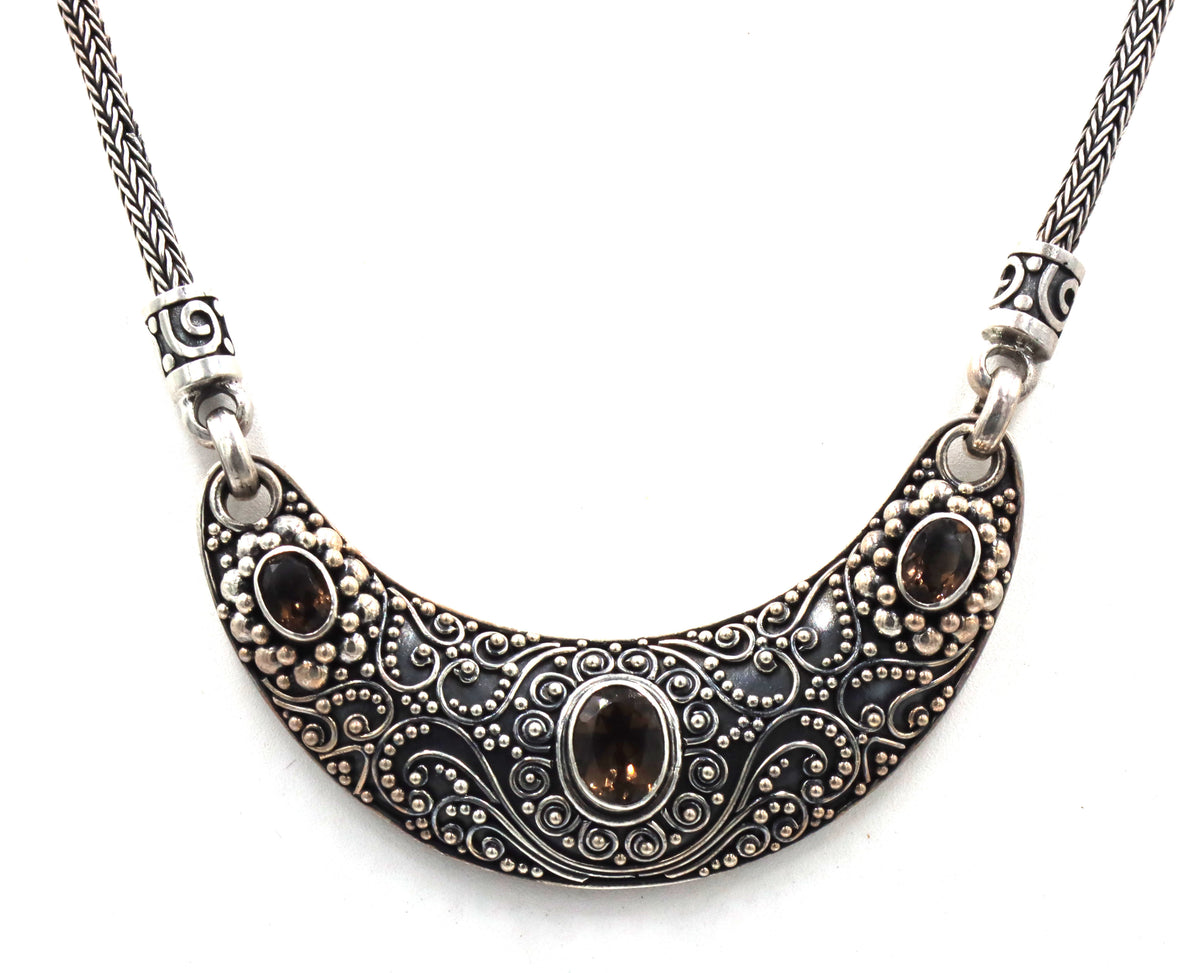 Suarti Bali 925 sterling silver smokey quartz beaded scroll panel necklace