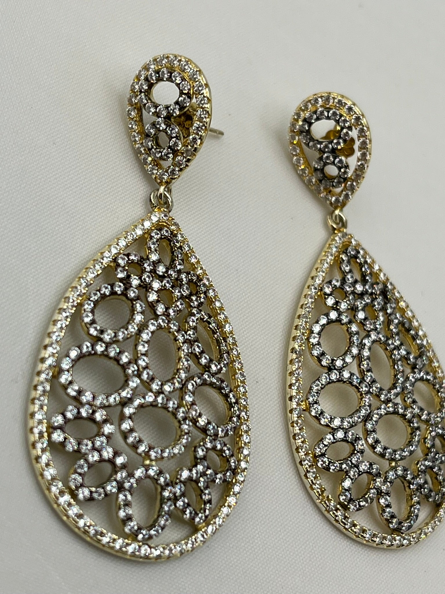 925 Sterling Silver Tear Drop Two Tone Openwork Crystal Pave earrings