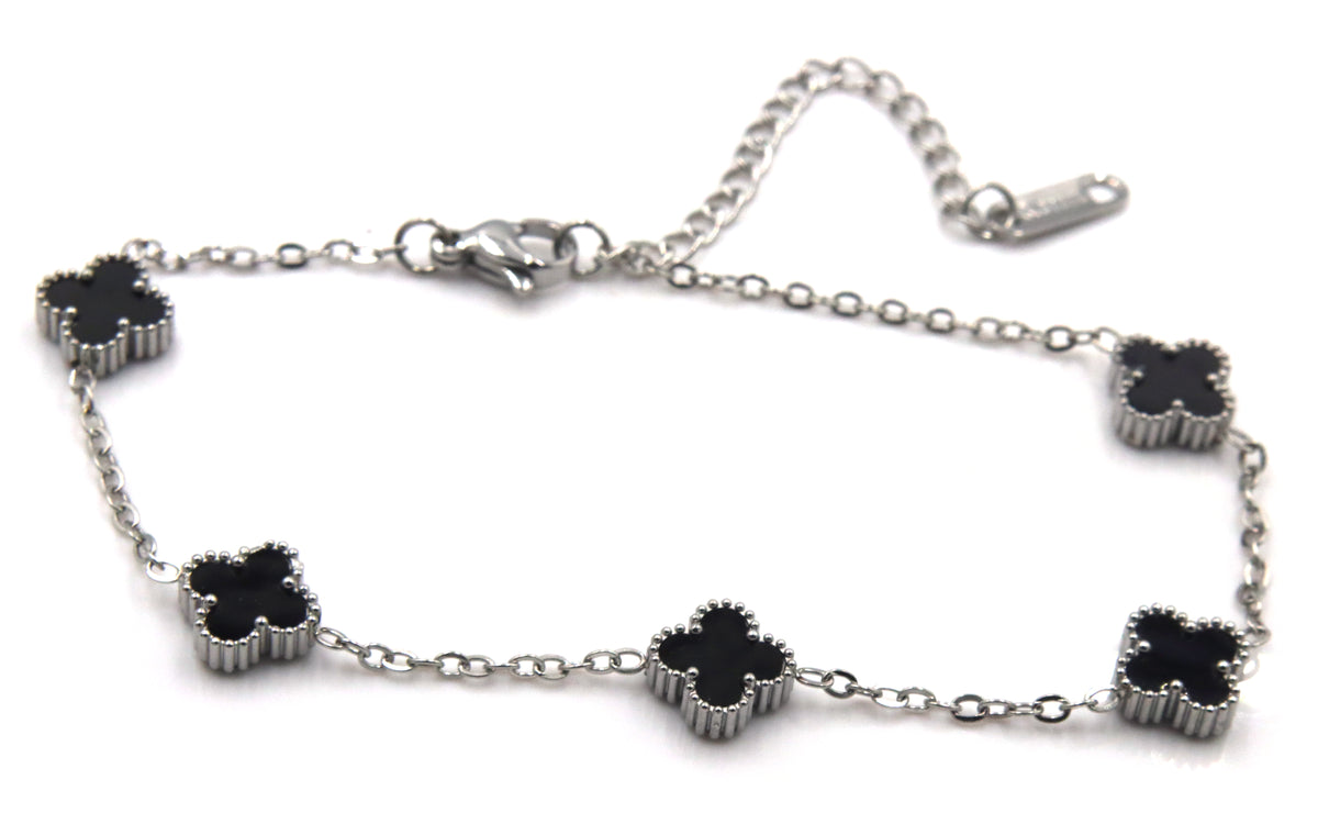 Stainless steel black clover station bracelet