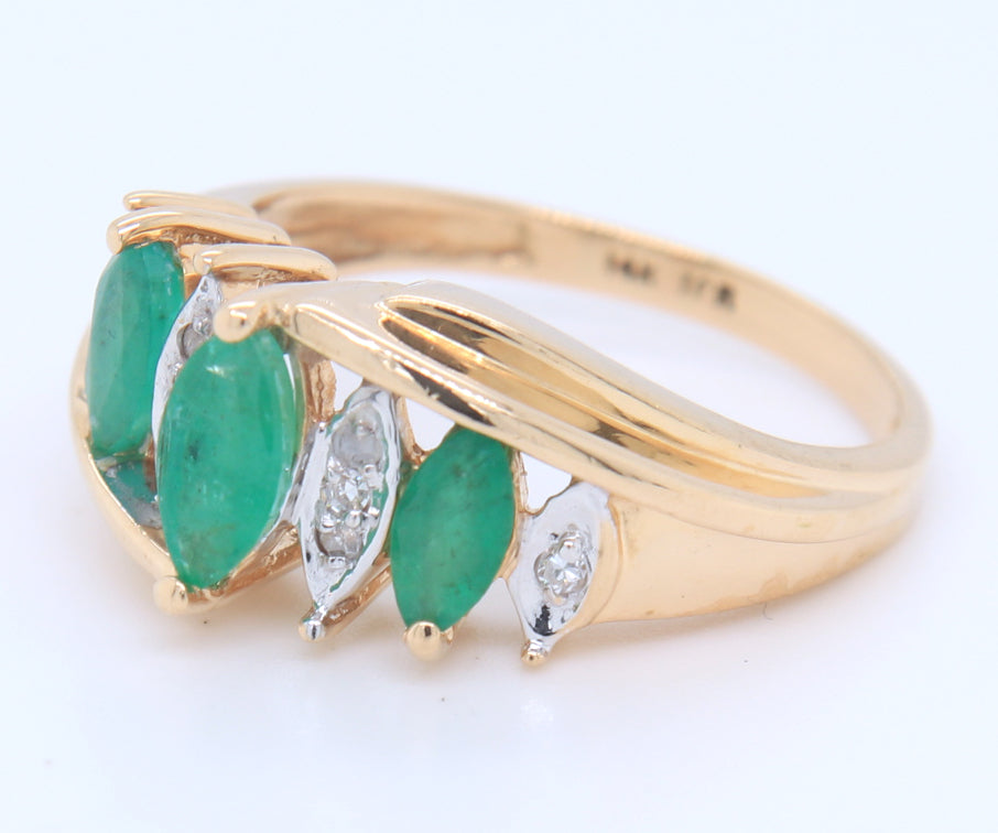 Gorgeous Yellow Gold Marquise Emerald and Diamond Dome Cocktail Ring