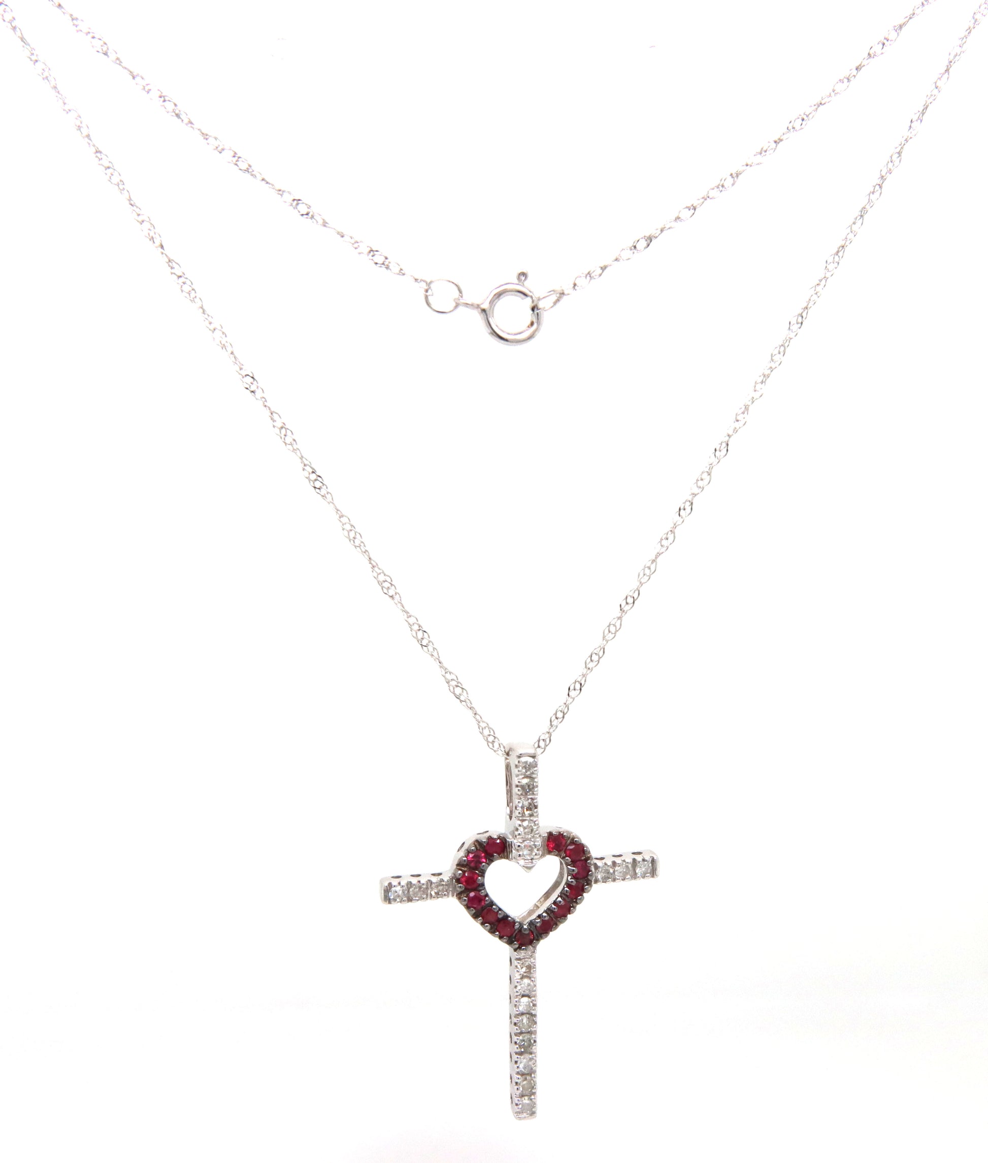 14kt White gold ruby and diamond heart cross pendant on chain